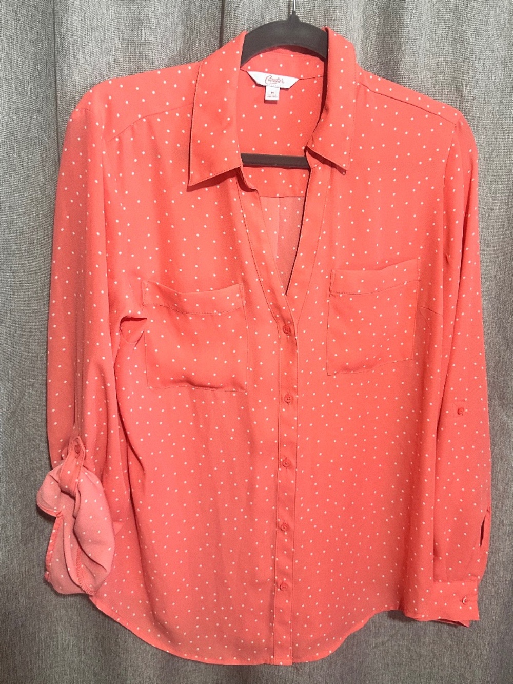 Candie’s Coral Pink Polka Dot V-Neck Roll-Tab Blouse - Medium